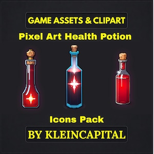 Könnte beinhalten: Pixel-Art-Gesundheitstrank-Icons-Pack. Drei Flaschen mit Korken und leuchtender roter Flüssigkeit. Der Text "GAME ASSETS & CLIPART" und "Pixel Art Health Potion" sind oben zu sehen. Der Text "Icons Pack" und "BY KLEINCAPITAL" befinden sich unten.