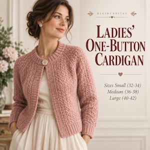 May include: A dusty rose knit cardigan featuring a round neckline, a single large button closure, and a textured pattern. The text reads: KLEINCAPITAL LADIES' ONE-BUTTON CARDIGAN Sizes Small (32-34) Medium (36-38) Large (40-42).