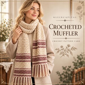 May include: A cream and maroon striped crocheted muffler with fringe ends. The text reads KLEINCAPITAL CROCHETED MUFFLER CROCHET PATTERN CARD. The scarf features a textured stitch pattern with horizontal maroon bands and cream-colored tassels.