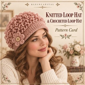 Op de afbeelding: Een oudroze gebreide muts met een textuur van lussen en een decoratieve gehaakte bloem met een houten knoop in het midden. De tekst op de kaart luidt KLEINCAPITAL, KNITTED LOOP HAT & CROCHETED LOOP HAT en Pattern Card.