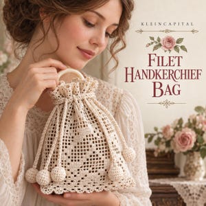 May include: A cream-colored crochet drawstring bag featuring a filet pattern, a round handle, and four dangling spherical pom-poms. The text KLEINCAPITAL and FILET HANDKERCHIEF BAG is printed on the right side above a small rose illustration.