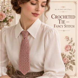 Peut inclure: Une cravate crochetée rose poudré avec un motif de points texturé, portée avec une chemise blanche à col. L'image contient le texte KLEINCAPITAL CROCHETED TIE - FANCY STITCH et des illustrations florales dans un cadre d'inspiration vintage.