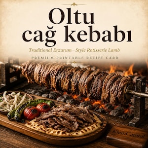 Peut inclure: Une fiche recette imprimable avec le texte Oltu cağ kebabı, Traditional Erzurum-Style Rotisserie Lamb et Premium Printable Recipe Card. L'image montre une broche horizontale avec de l'agneau rôti et de la viande tranchée sur du pain plat.