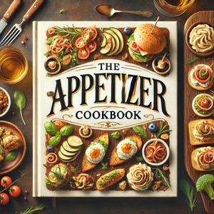 Puede incluir: Una portada de libro de cocina con el título "The Appetizer Cookbook" en letras doradas sobre un fondo blanco. La portada presenta una variedad de aperitivos, incluyendo bruschetta, crostini y salsas, dispuestos en una tabla de madera.