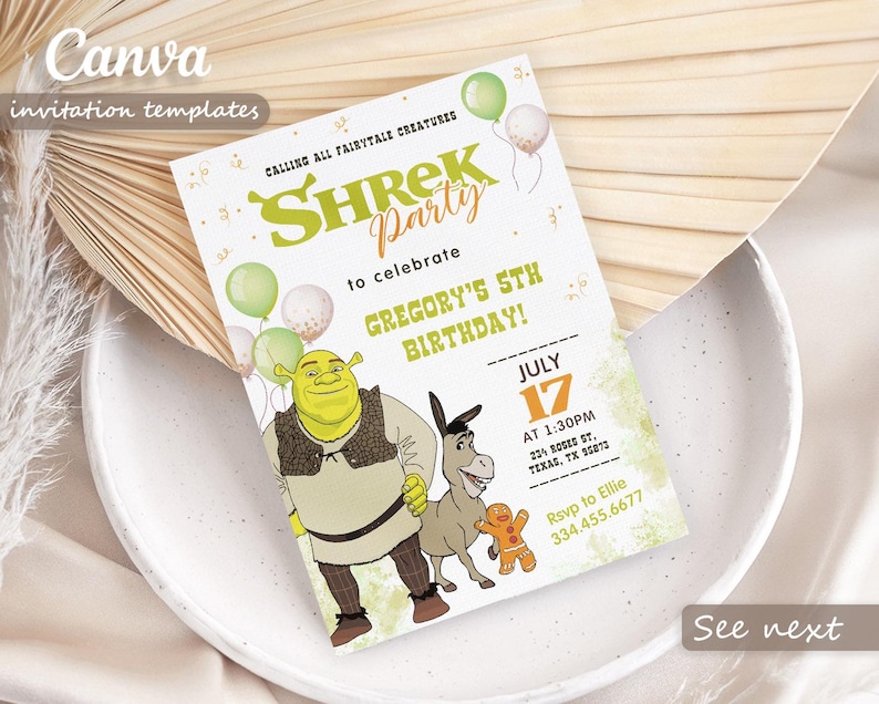 Shrek Birthday Invitation, Printable Shrek Invitation, Fiona Party Shrek Birthday Invitation, Printable Shrek Invitation, Fiona Party