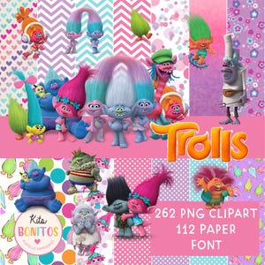 Packung mit PNG-Clipart-Bildern plus digitale Trolls-Papiere / ideal für Sublimation, Geburtstagsparty, Trolls-Einladung