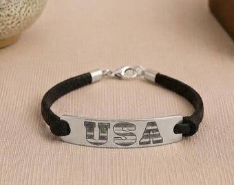 USA Bracelet, Hand Engraved American Flag Jewelry, Personalized Patriotic Gift for Him