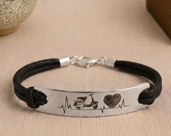 Scooter Bracelet, Hand Engraved Heartbeat Jewelry, Personalized Retro Rider Gift for Him or Her