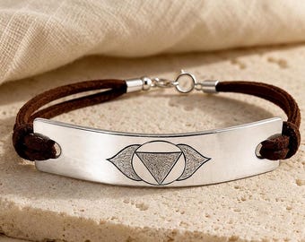 Handmade Ajna Chakra Bracelet, Engraved Brass & Silver Cuff, Suede Cord