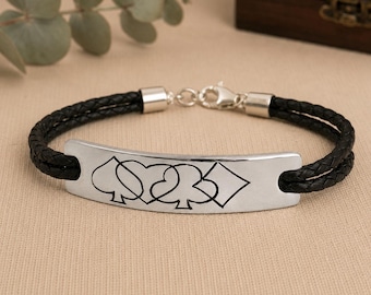 Hand Engraved Poker Bracelet, Playing Card Suit Jewelry, Casino Gift for Him