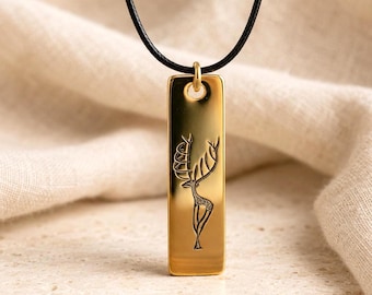 Handmade Engraved Deer Necklace, Gold Plated Copper, Anatolian Art