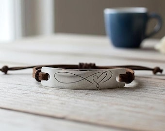 Handmade Brass or Silver Plated Infinity Heart Bracelet, Engraved Adjustable Leather Cord Jewelry