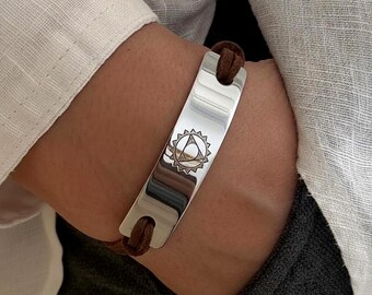 Hand Engraved Vishuddha Chakra Bracelet, Silver Plated Brass Cuff, Suede Cord