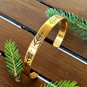 Handmade Pine Leaf Cuff Bracelet, Personalized Engraved Copper or Silver/Gold Plated