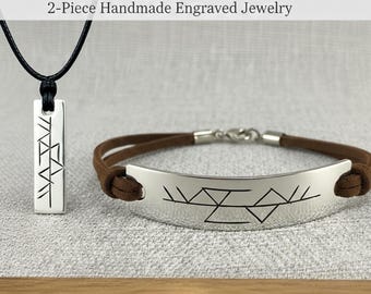Viking Freya Rune Jewelry Set, 24K Gold / Silver Plated, Hand Engraved Norse Necklace and Bracelet