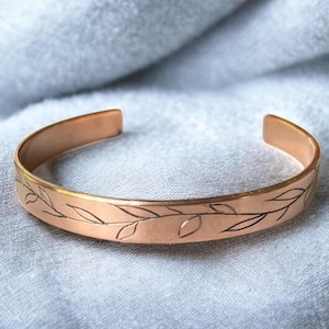 Engraved Copper Cuff Bracelet with Leaf Pattern