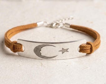 Hand Engraved Atatürk Crescent Star Bracelet, Brass, Silver Plated or 925 Sterling Silver
