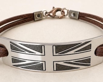 Hand Engraved Union Jack Bracelet, British Flag Jewelry, Personalized UK Gift for Him
