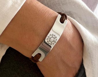 Hand Engraved Anahata Heart Chakra Bracelet Silver Plated Brass Heart Center Jewelry Suede Gift