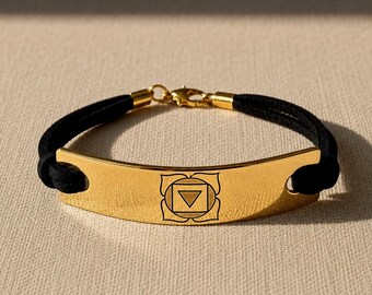 Hand Engraved Muladhara Chakra Bracelet, Brass or Silver Plated, Grounding Jewelry