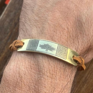 Canada Flag Bracelet, Hand Engraved Canada Brass Bracelet, Inspired Suede Cord Cuff , Patriotic Gift for Him – Rustic Unisex Jewelry