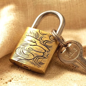 May include: A brass padlock featuring an engraved lion head design on the front surface. The padlock has a silver-toned metal shackle and is attached to a single brass key with the word Yale embossed on the head of the key blade.