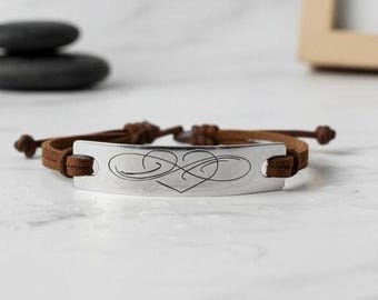 Hand Engraved Infinity Heart Bracelet – Adjustable Leather Band, Brass or Silver