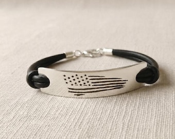 American Flag Bracelet, Hand Engraved Distressed USA Design with Black Leather Cord