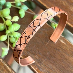 Engraved Copper Cuff Bracelet with Abstract Geometric Pattern