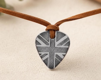 Hand Engraved Union Jack Guitar Pick Necklace, British Flag Gift for Guitarist