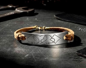 Handmade Poker Bracelet – Engraved Card Suit Symbols, Suede Cord Cuff