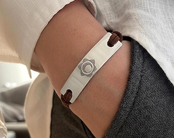 Svadhisthana Sacral Chakra Bracelet, Hand Engraved Brass or Silver Plated Suede Cord Jewelry