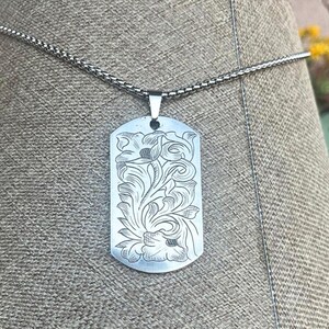 Hand Engraved Floral Necklace, Custom Stainless Steel Pendant, Durable Personalized Jewelry Gift for Him or Her