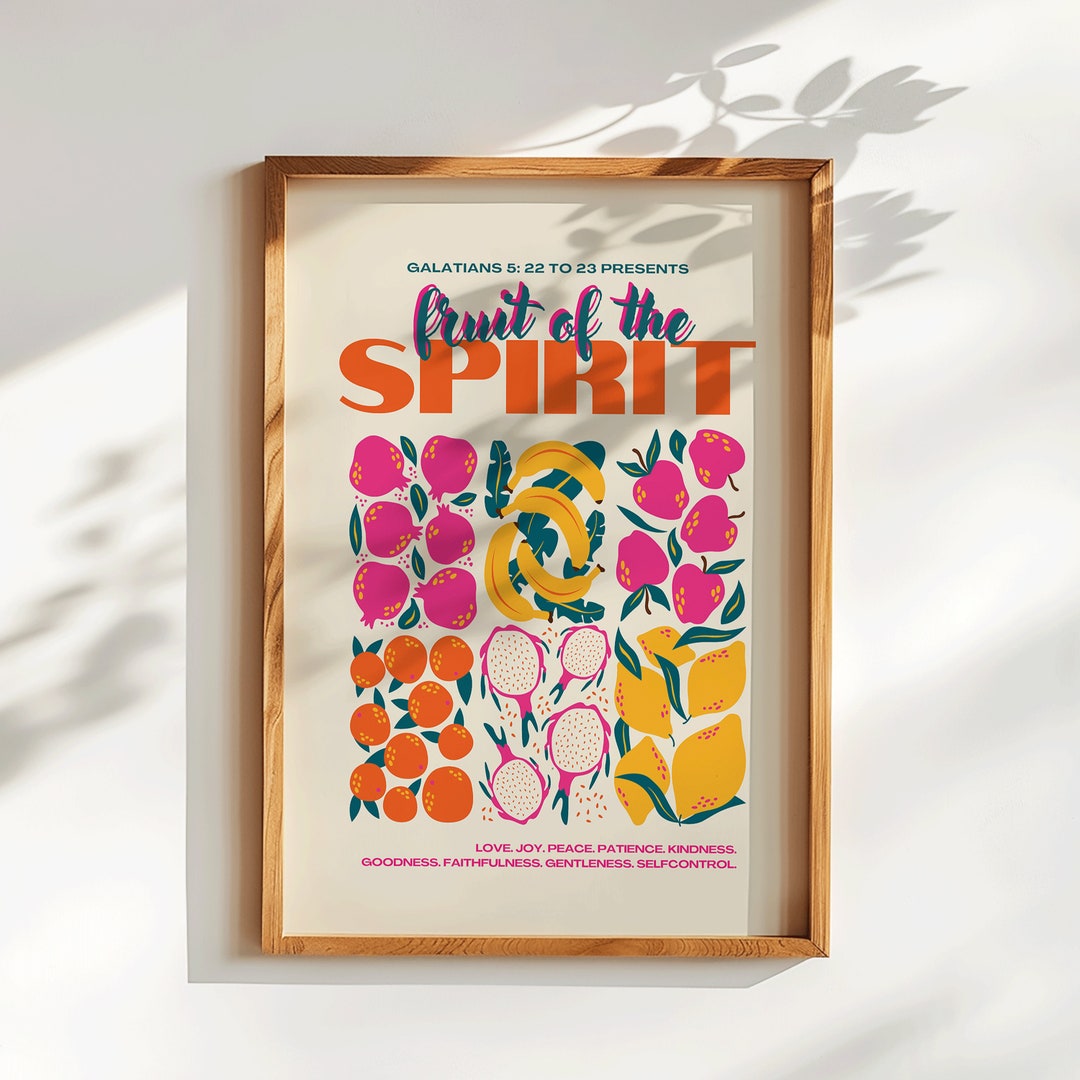 Fruit of the Spirit Print Retro Christian Wall Art, Pink Orange Bible ...