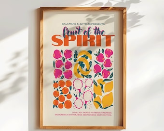 Fruit of the spirit Print Retro Christian Wall Art, Pink Orange Bible Verse Art Print, Free Spiritual Digital Planner, Undated Planner,