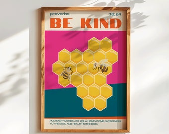 Retro Christian Wall Art, Kitchen Honeycomb Wall Print, Free Spiritual Digital Planner, Undated Planner, Be Kind, Bee Kind Wall Art Print