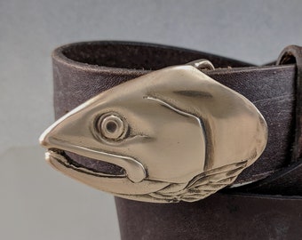 Salmon Fish Belt Buckle in Solid Bronze with for 1.25 inch Belts Brown Patina Hand Made