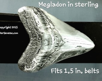 Sterling Silver Megalodon Sharks Tooth Belt Buckle 2 inch Wide for 1.5 inch Men and Women Belts Handcrafted by Peter Senesac