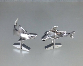 Handcrafted Sterling Silver Circling Sharks Cufflinks, Unique Sea Life Jewelry