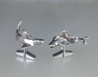 Circling Shark Cuff Link Pair Solid Sterling Silver Men's  Sea Salt Life Handcrafted by Peter Senesac