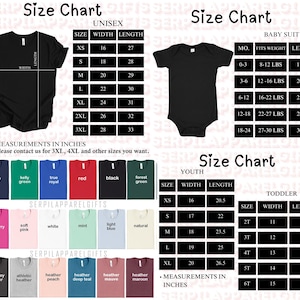 K&ouml;nnte beinhalten: Eine Gr&ouml;&szlig;entabelle f&uuml;r Unisex-T-Shirts, Baby-Anz&uuml;ge, Jugend- und Kleinkindkleidung. Die Tabelle enth&auml;lt Ma&szlig;e in Zoll f&uuml;r Breite und L&auml;nge sowie Farbauswahlen. Der Text "SERPILAPPARELGIFTS" ist sichtbar.