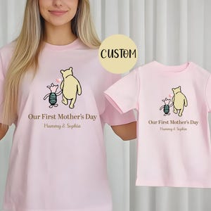Personalized Our First Mother&#39;s Day Winnie Shirt, Unisex New Mum Gift, Mama and Minnie Couple Shirt, New Baby Mother & Child Shirt