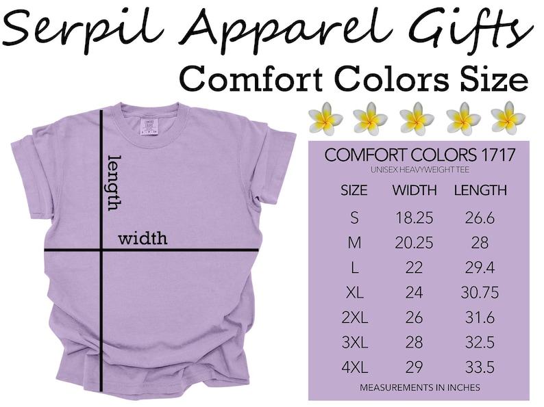 May include: A lilac unisex t-shirt with size chart showing width and length measurements in inches. The chart is labelled "Comfort Colors 1717 Unisex Heavyweight Tee".