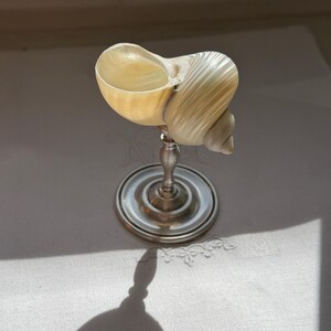 Vaso de chupito Turbo con forma de concha marina perlada y tallo plateado vintage de Christofle.