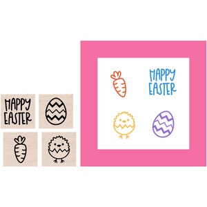 May include: Set of six wooden stamps with Easter-themed designs. The stamps feature a chick, a carrot, an egg, and the text "Happy Easter".