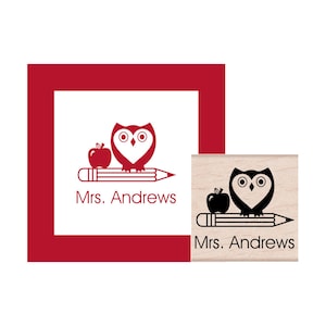 Owl with Pencil and Apple Teacher Personalized Rubber Stamp