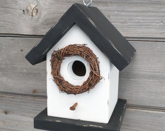 Rustic Birdhouse Outdoor solid wood birdhouse for Chickadees, Wrens and Finches.  Farmhouse Black and White.