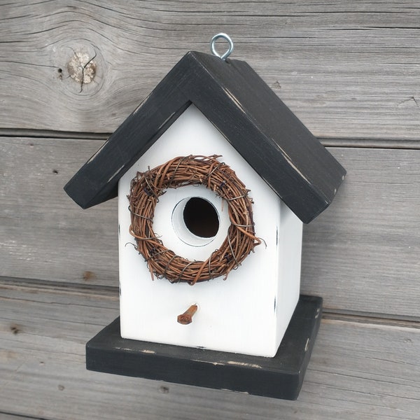 Rustic Birdhouse Outdoor solid wood birdhouse for Chickadees, Wrens and Finches.  Farmhouse Black and White.