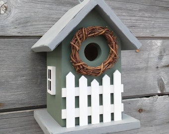 Birdhouse Outdoor Handmade in USA.  Picket Fence Birdhouse. Personalized Birdhouse.