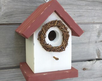 Rustic Birdhouse Outdoor solid wood birdhouse for Chickadees, Wrens and Finches.  Farmhouse Burgundy and White.